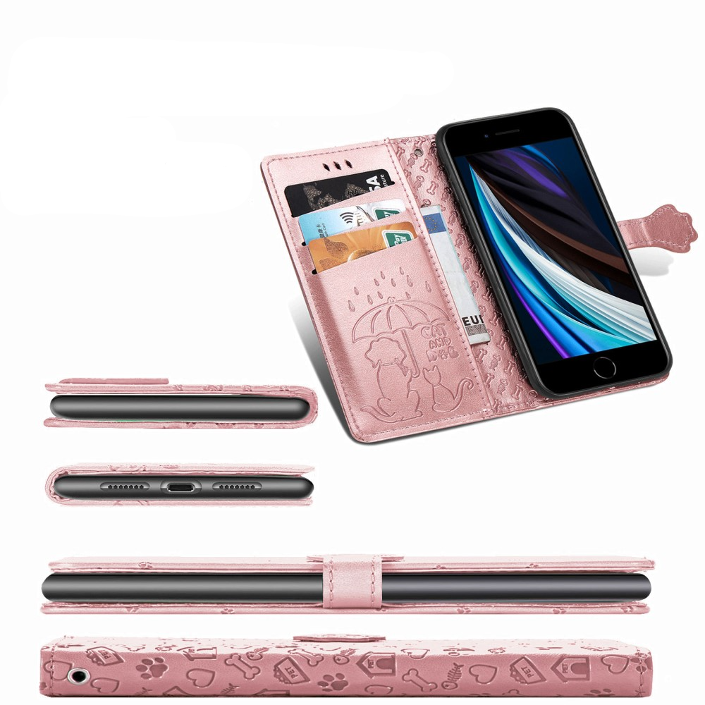iPhone SE (2022/2020) / 8 / 7 / 6S Leder Tasche Flip Cover Hunde & Katzen Imprint - Roségold
