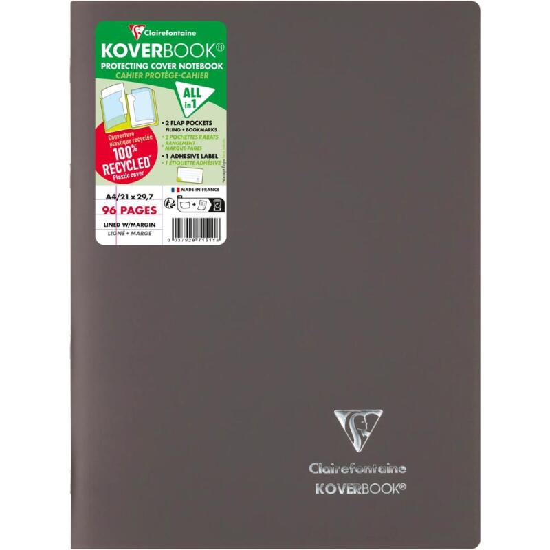 Cahier piqué Koverbook A4 96 pages ligné + marge couverture polypropylène opaque 100% recyclé - Assortis