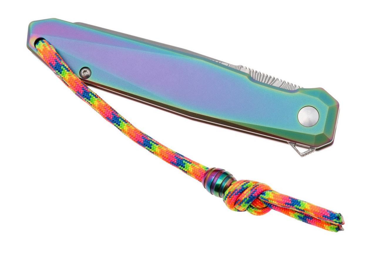 CRKT Facet K231TDP Damascus, Iridescent Titanium Nitride Titanium, zakmes, Ken Onion design