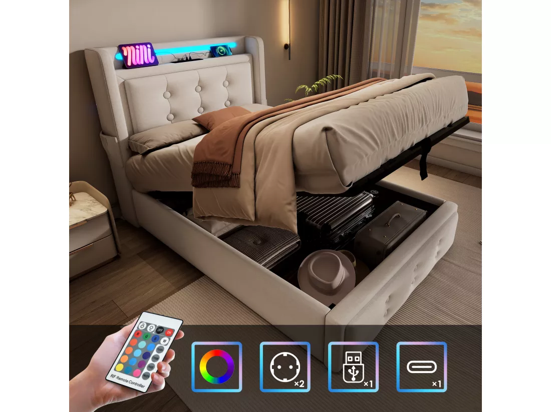 Lit coffre 90 x 200 cm avec tête de lit LED, prise USB Type-C - Tissu en coton - Beige (sans matelas)