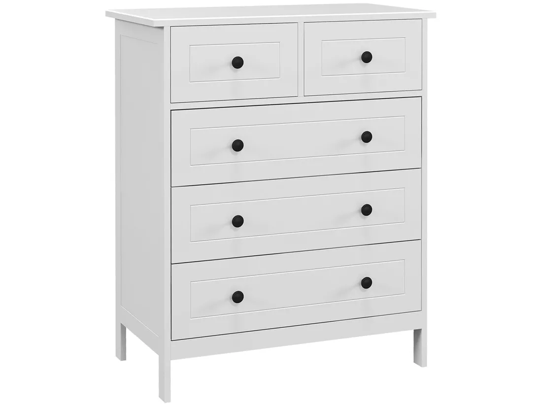 Commode 5 tiroirs style contemporain poignées boutons métal noir MDF panneaux blanc