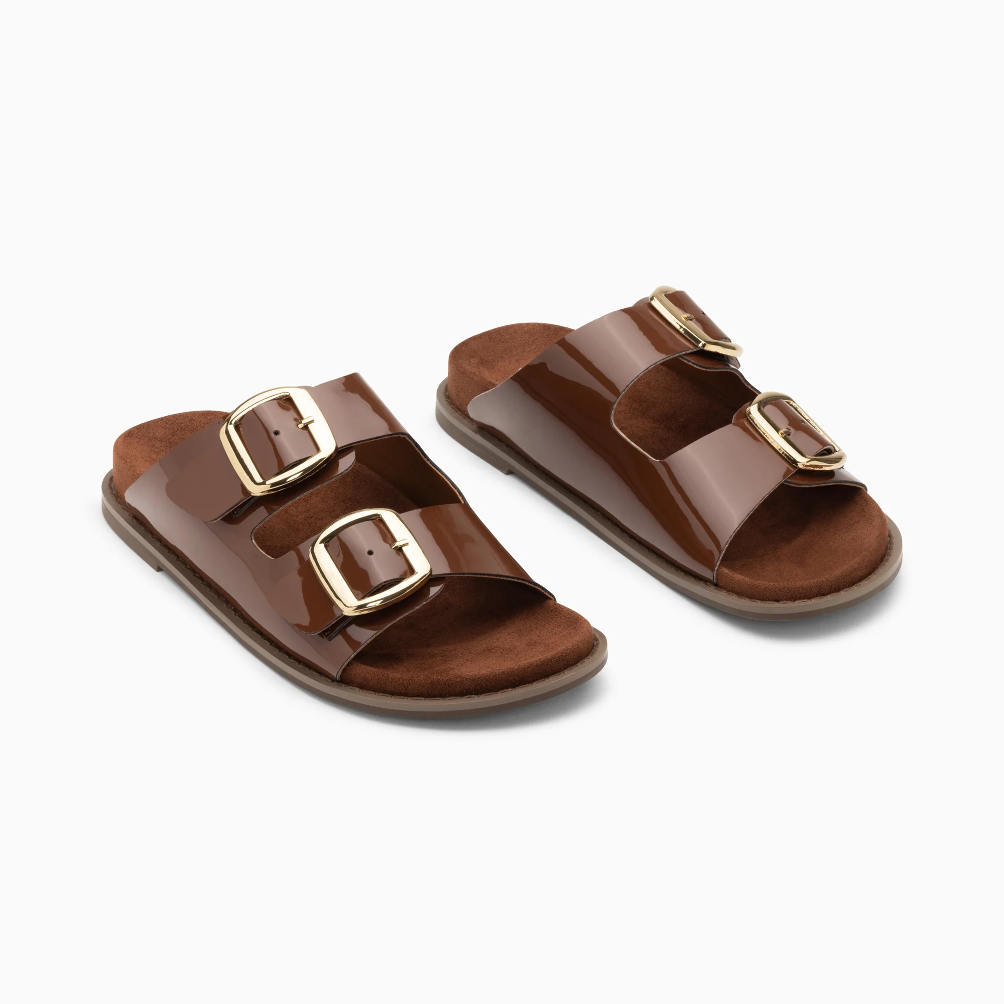 Sandales plates-Mules plates Célia marron verni à boucles oversize