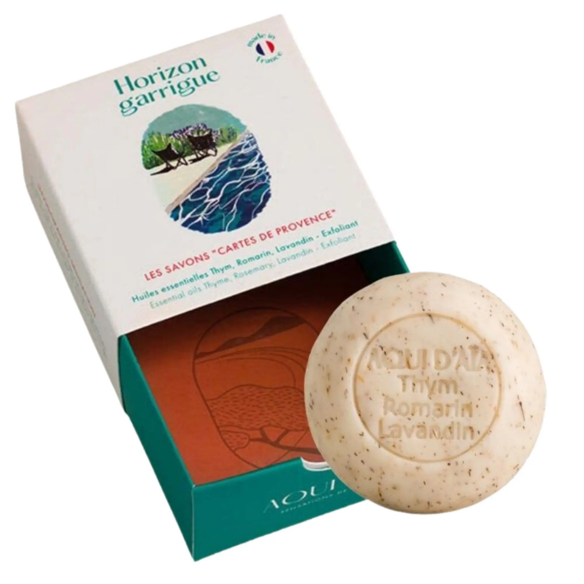 AQUI D'AIA - Cartes de Provence Savon Solide Exfoliant Huiles Essentielles de Thym, Romarin & Lavandin 100g - Savon