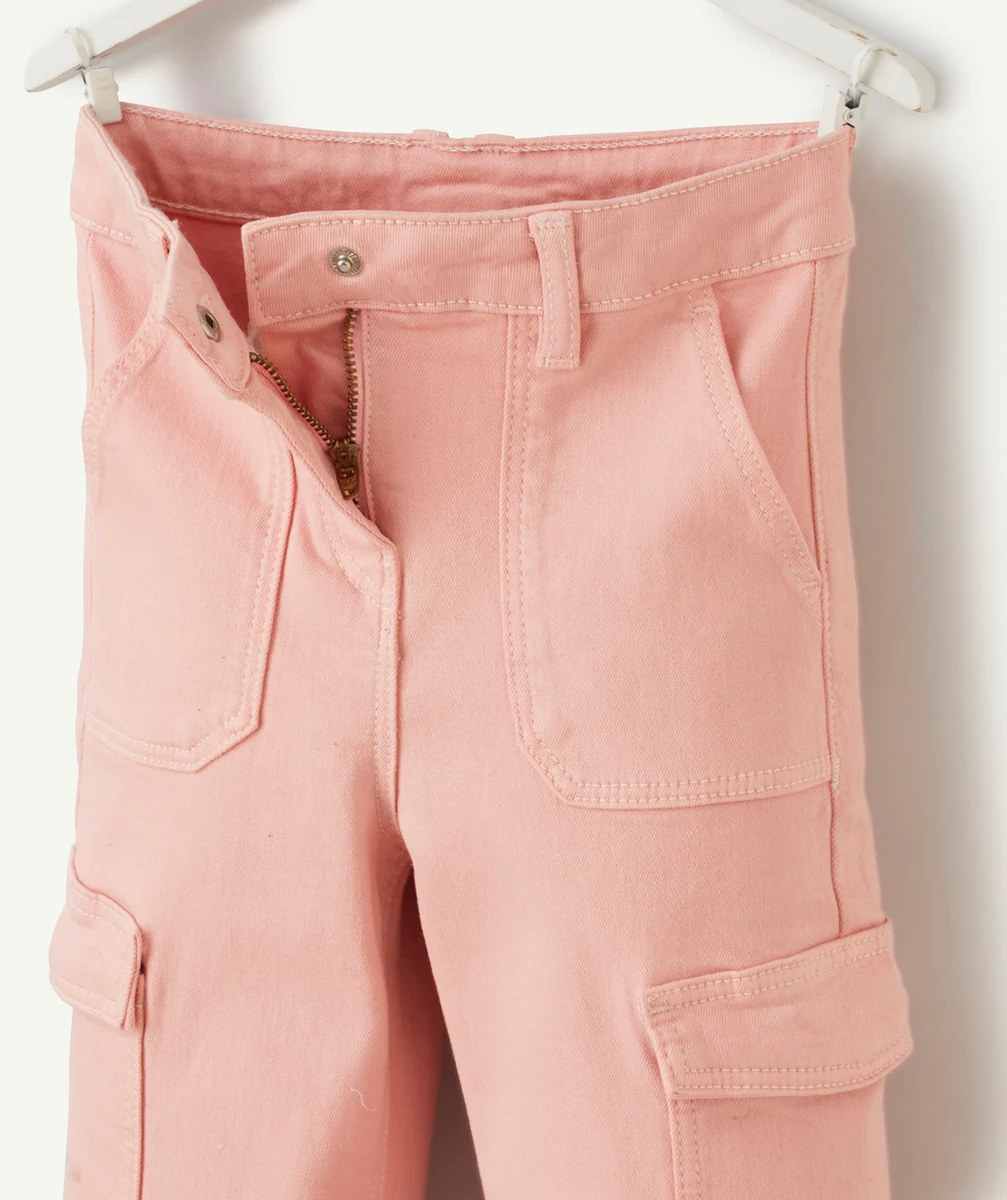 PANTALON WIDELEG FILLE EN FIBRES RECYCLÉES ROSE AVEC POCHES CARGO