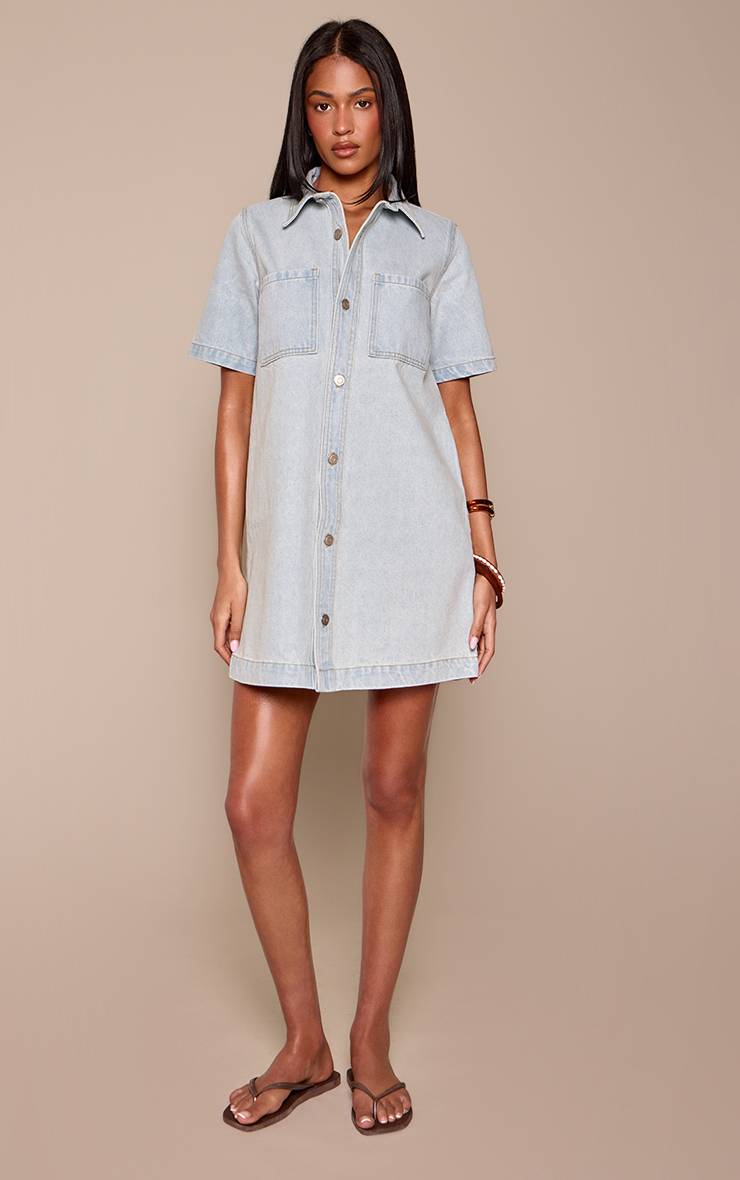 Bleu Clair Robe Chemise En Denim À Surpiqûres Contrastantes Tall