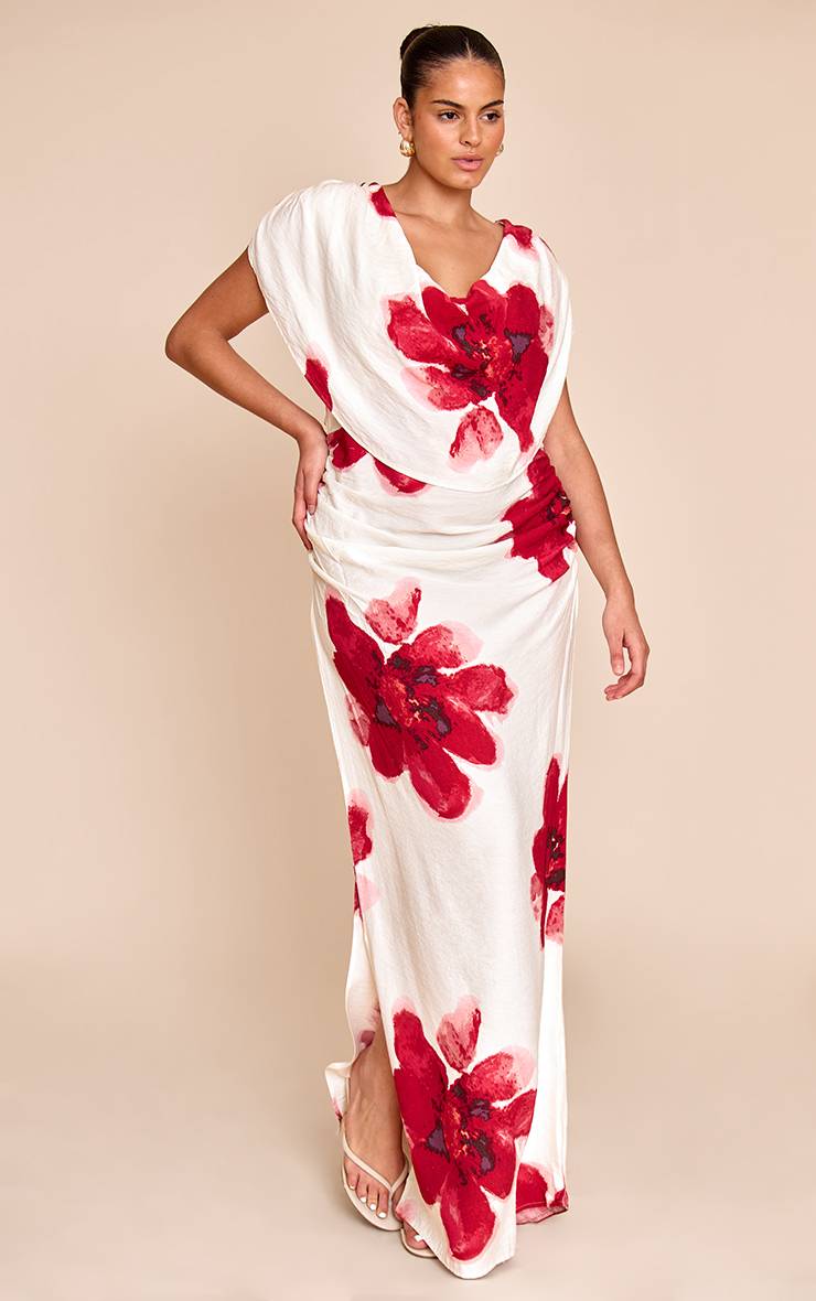 Rouge Robe Maxi Grande Taille À Imprimé Avec Détail Drapé Froncé Et Col Bénitier Extrême