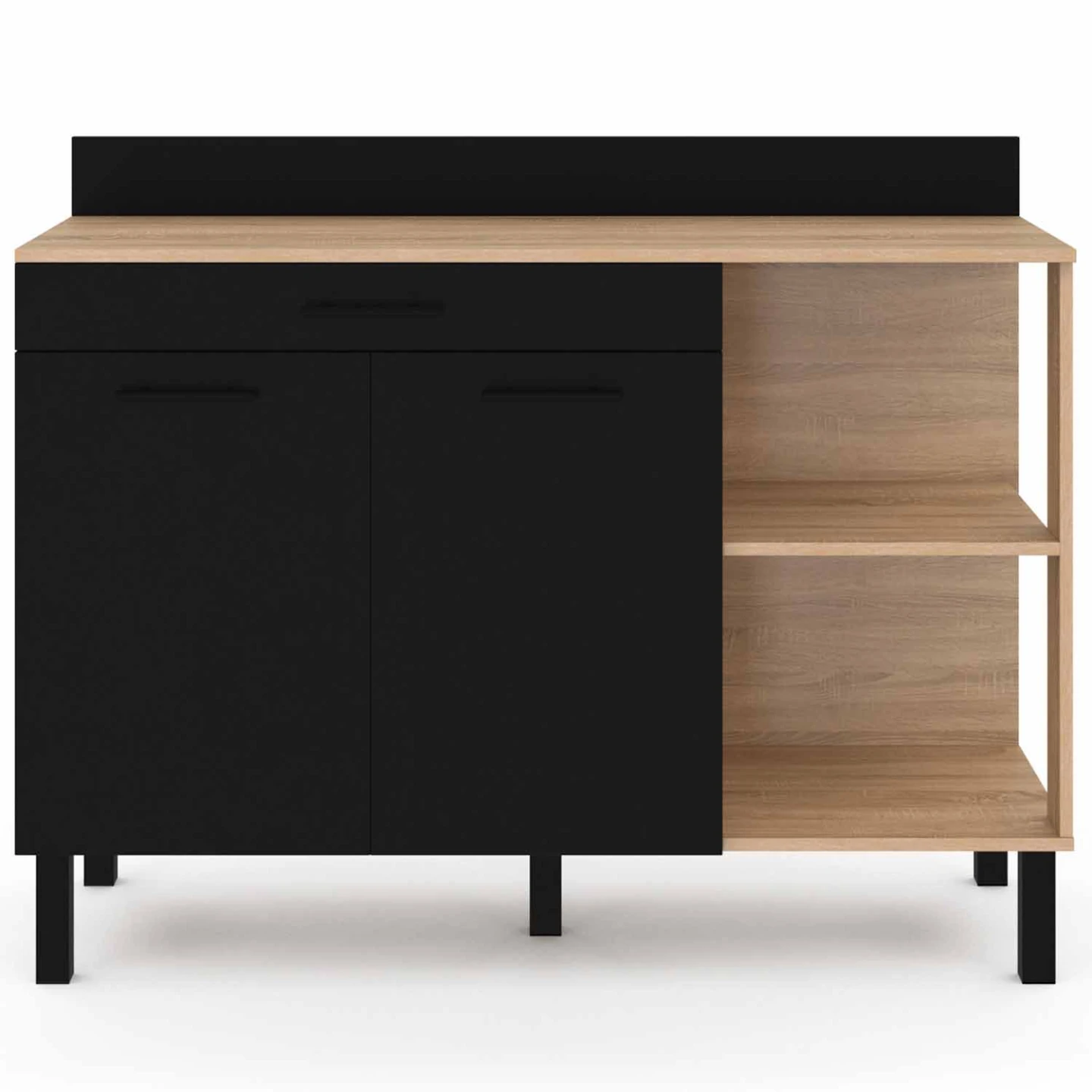 Buffet bas de cuisine 120 CM CINA plan de travail H.83 cm 2 portes + tiroir façon hêtre et noir