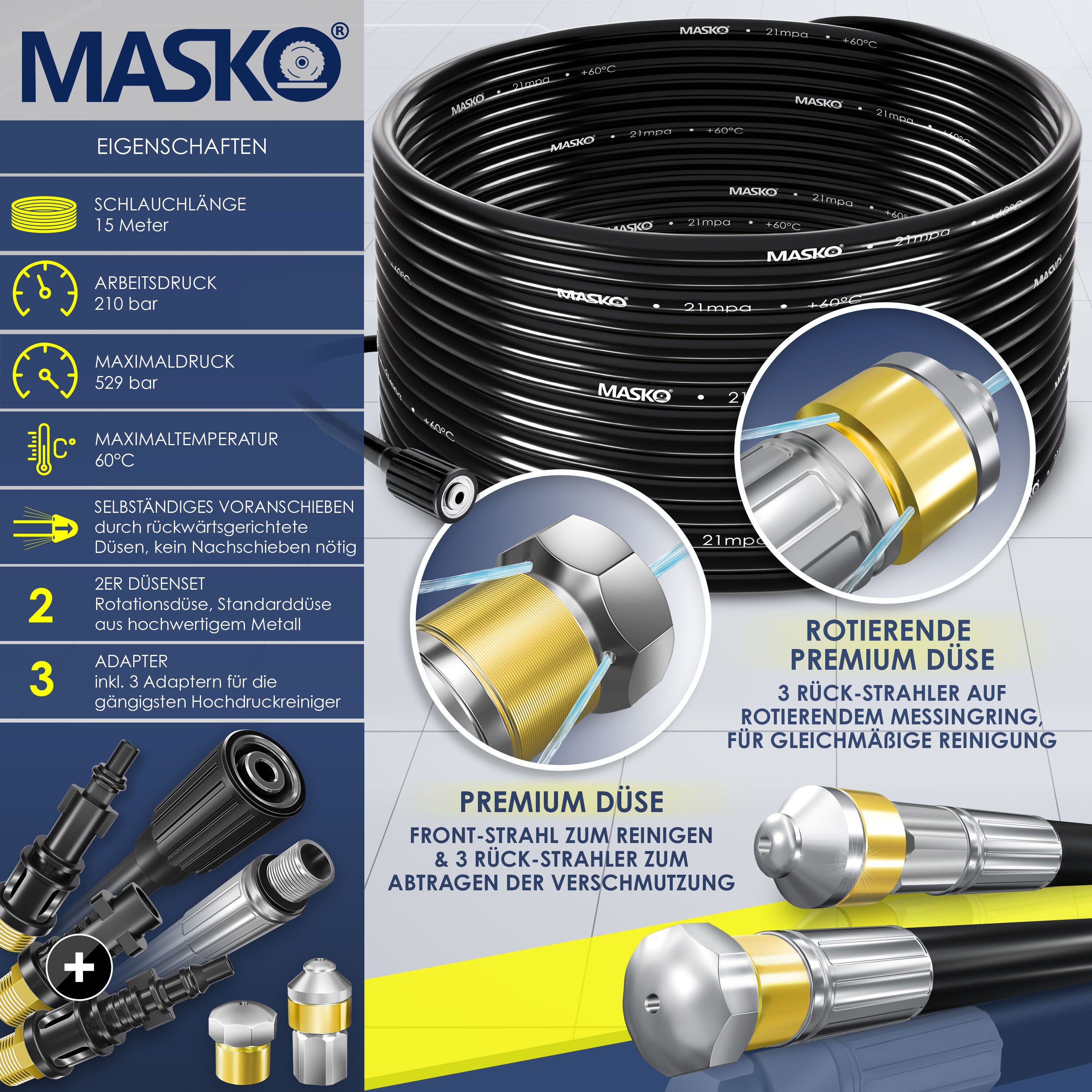 MASKO® Premium Rohrreinigungsschlauch Set Abflussreiniger 200 bar inkl. Tasche 3 Adapter 2 Düsen + rotierend kompatibel mit Kärcher k2-k7 LAVOR Hochdruckreiniger universal Rohrreinigungsset