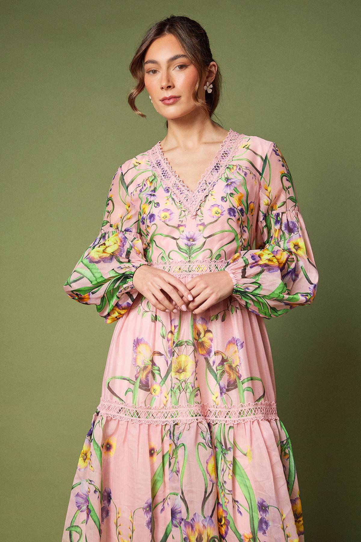 Coast Robe Midaxi à Manches Longues en Organza avec Imprimé et Col V