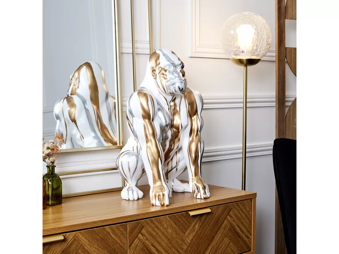 Statue Gorille Blanc Coulure Dore Argente H45cm