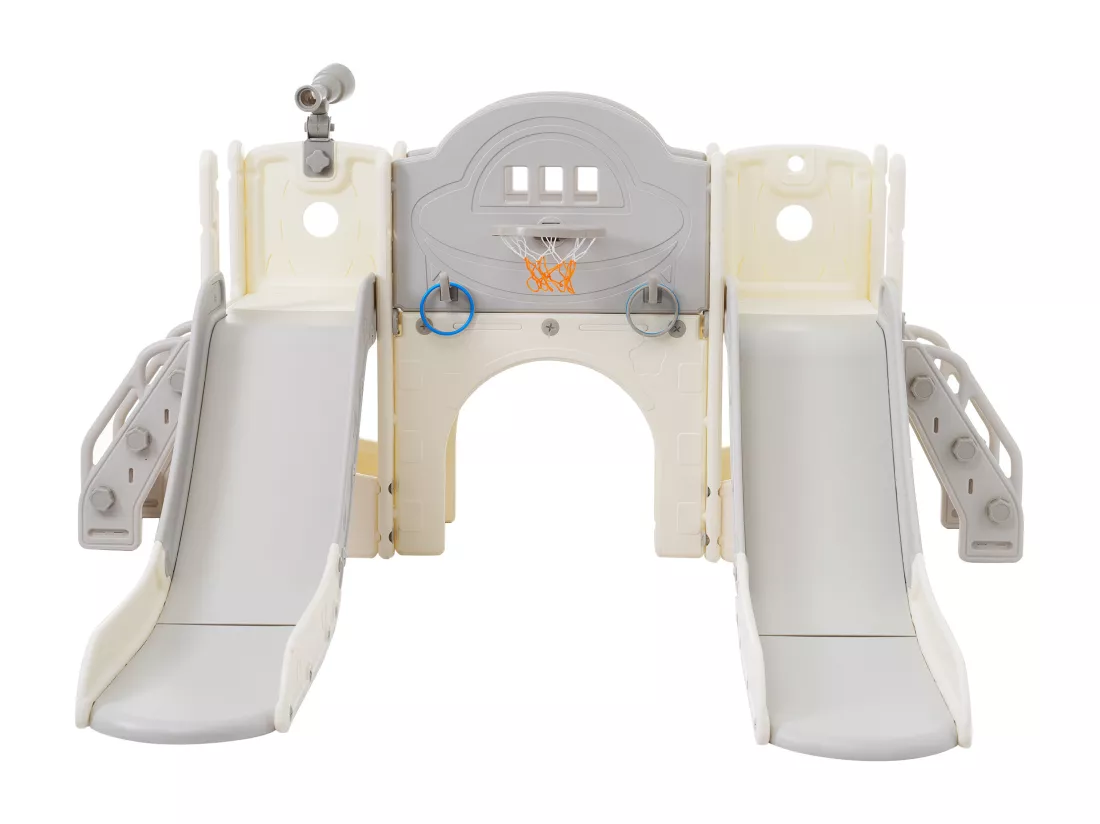 Aire de jeux pour enfants 8 en 1 avec toboggan, mur d'escalade, jeu de trous de forage, sol gris