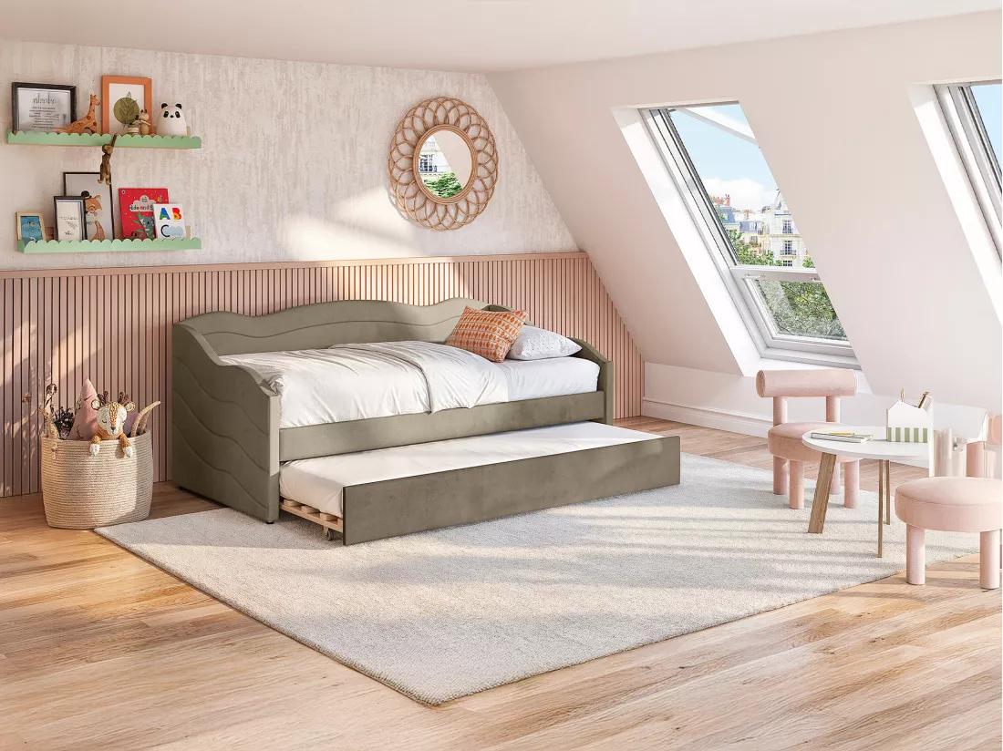 Lit banquette gigogne 2 x 90 x 190 cm - Velours - Taupe - LENVIA