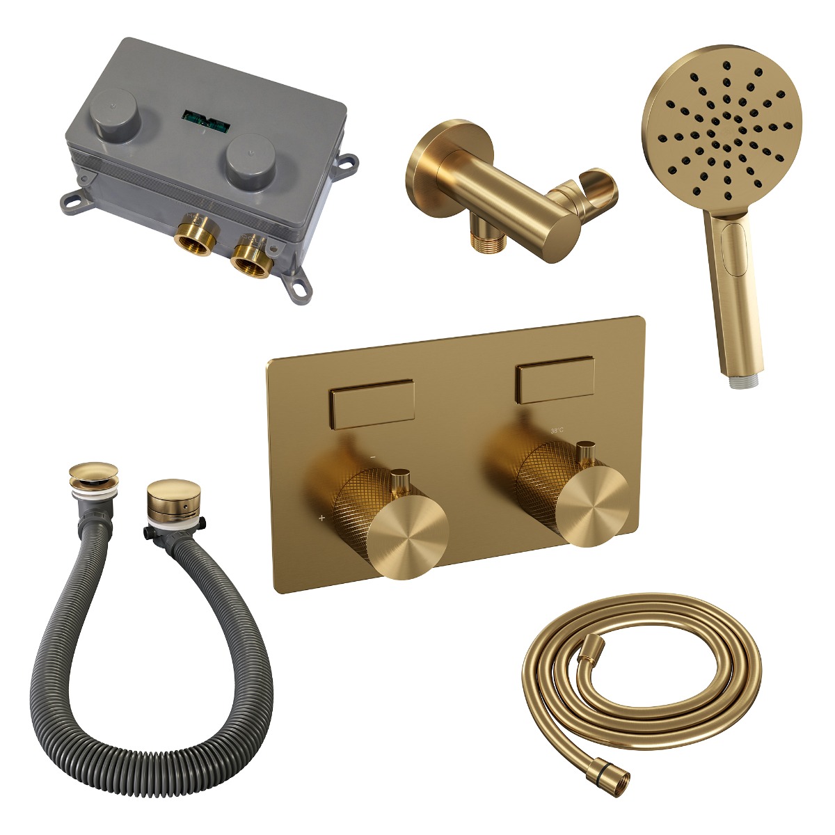 Brauer Gold Carving thermostatische inbouw badkraan met badvulcombinatie en 3 standen handdouche set 4 messing geborsteld PVD