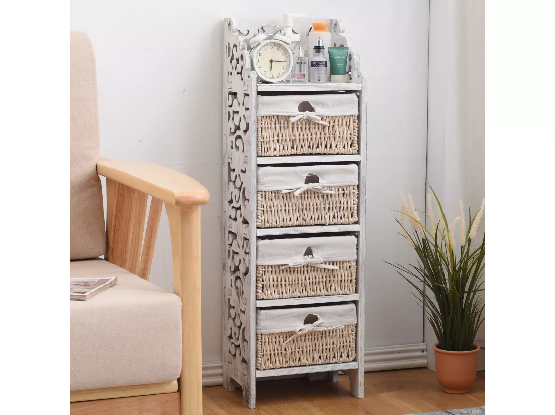 Commode Table De Chevet 4 Tiroirs Bois Osier Blanc 98x29x22