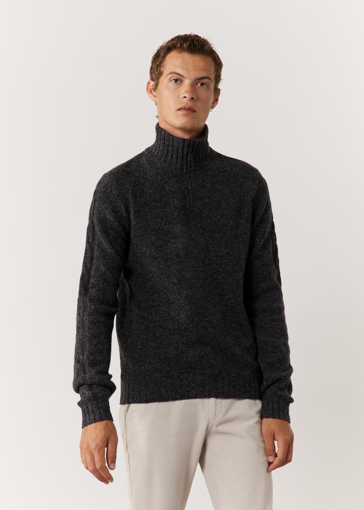 Pull col zippé en laine mélangée unie anthracite