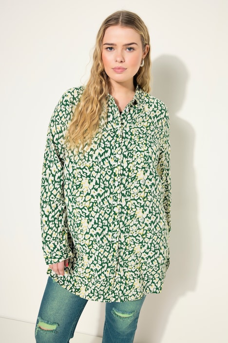 Hemdbluse, Boxy Shape, Leo-Print, Langarm