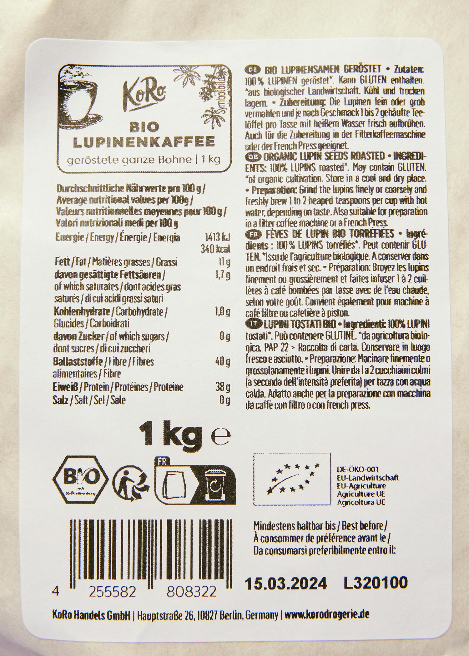 Bio Lupinenkaffee ganze Bohne 1 kg
