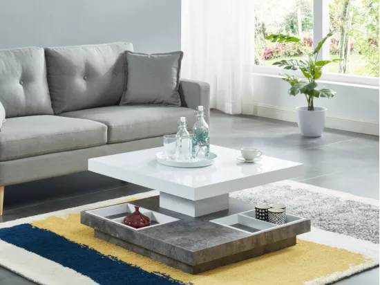 Table basse - Plateau pivotant - MDF laqué blanc et béton - FAUSTO II