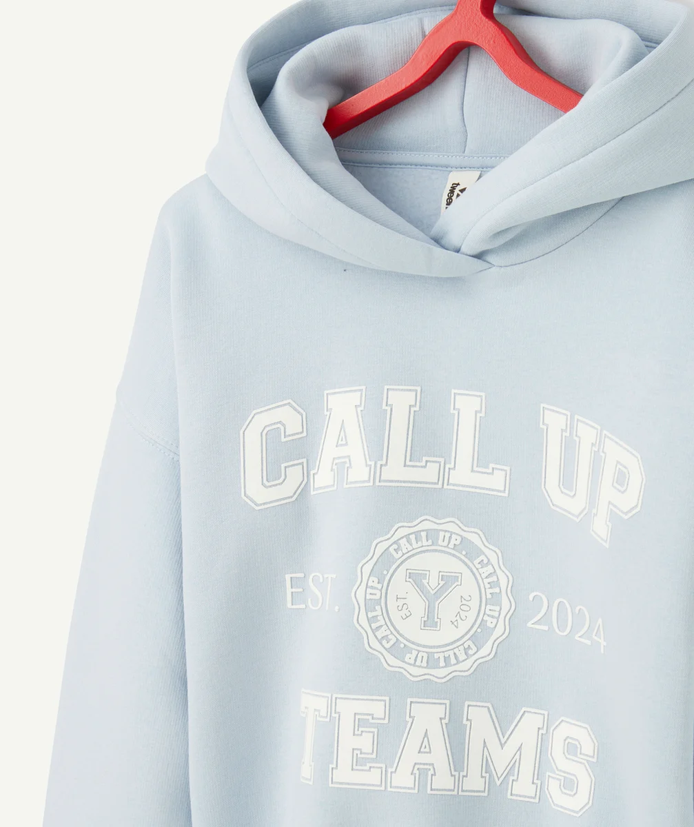 SWEAT À CAPUCHE FILLE EN FIBRES RECYCLÉES BLEU CIEL THÈME CAMPUS