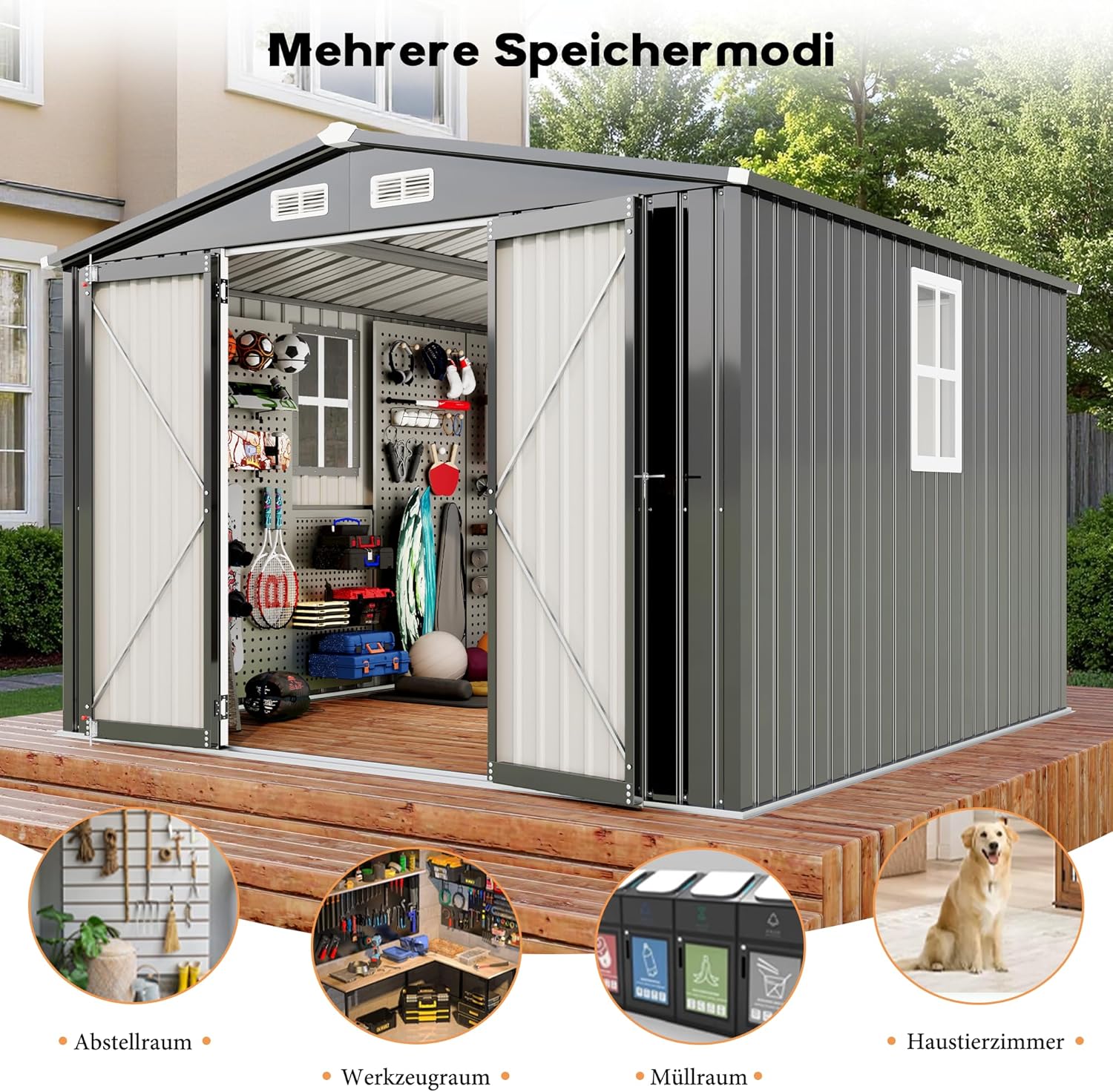 verzinktes Metall Gartenhaus mit Schrägdach 281x278x193cm, Geräteschuppen mit breiter Tür und Querfenster, als Gartenschuppen, Gartenhütte oder Fahrradgarage, 12 m³ Lagerfläche, Schwarz