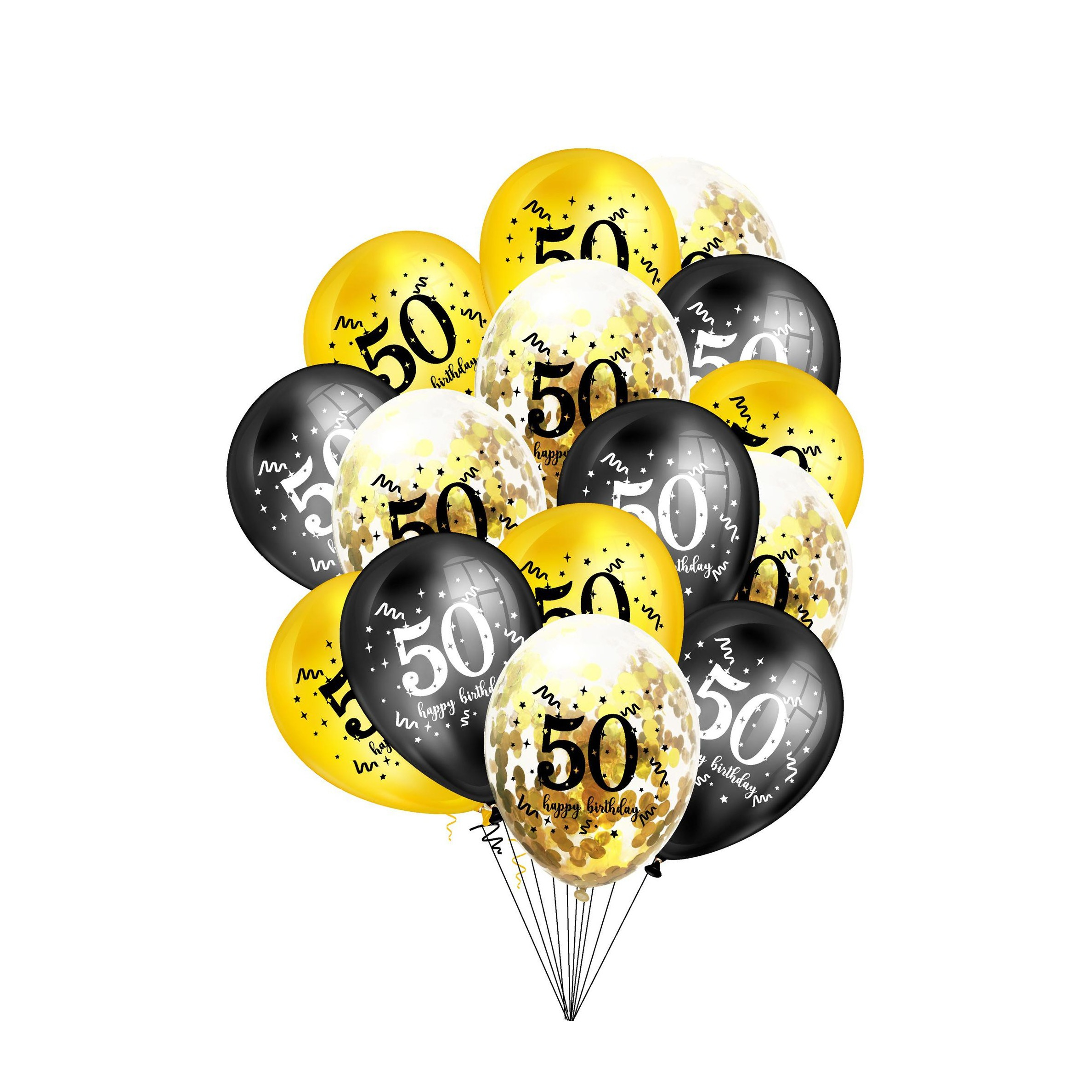 (15er Set) Ø30cm Party Deko Ballons Latex Luftballons 50 Happy Birthday mit Konfetti - Schwarz / Gold / Transparent