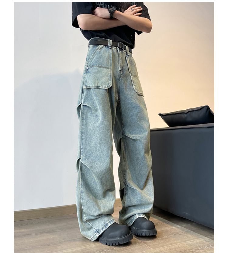 Filmas - Mid Rise Washed Ruched Wide Leg Cargo Jeans