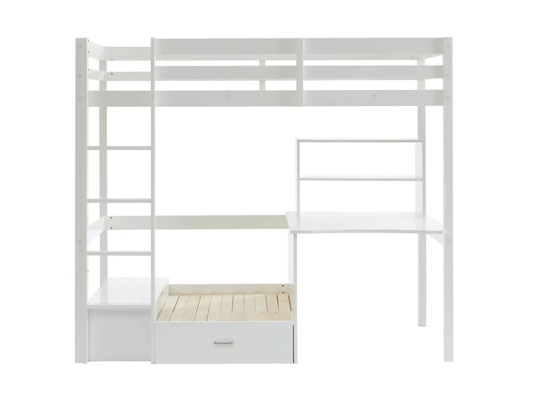 Lit mezzanine 90 x 200 cm avec bureau, sofa convertible et rangements - Pin massif - Blanchi + Matelas - GOLIATH III