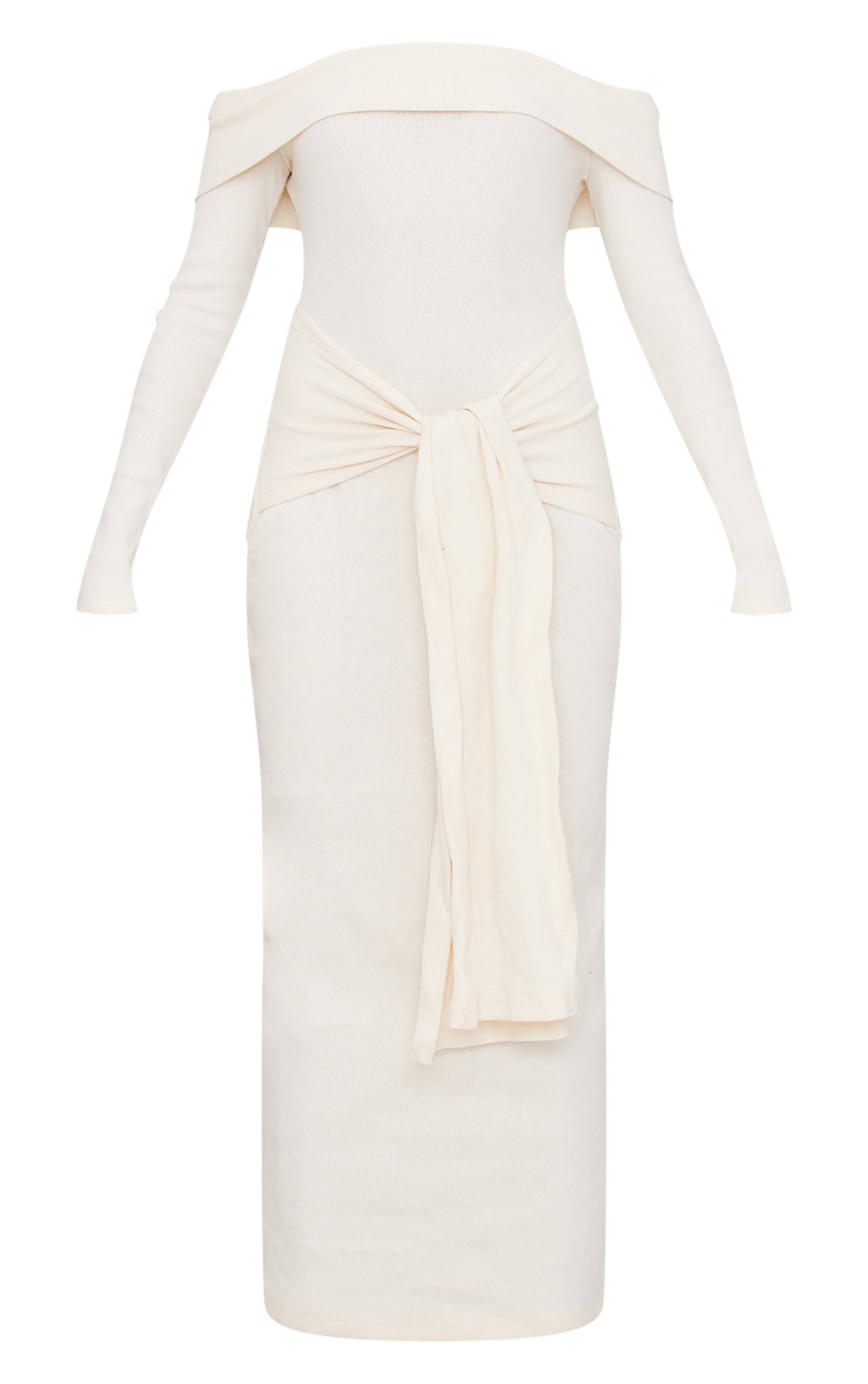 Robe Longue Bardot En Maille Côtelée Brossée Épaisse Avec Détail Cache-cœur