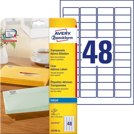 Avery Zweckform J4720-25 Adress-Etiketten,A4 45,7 x 21,2 mm, 25 Bogen/1.200 Etiketten, transparent