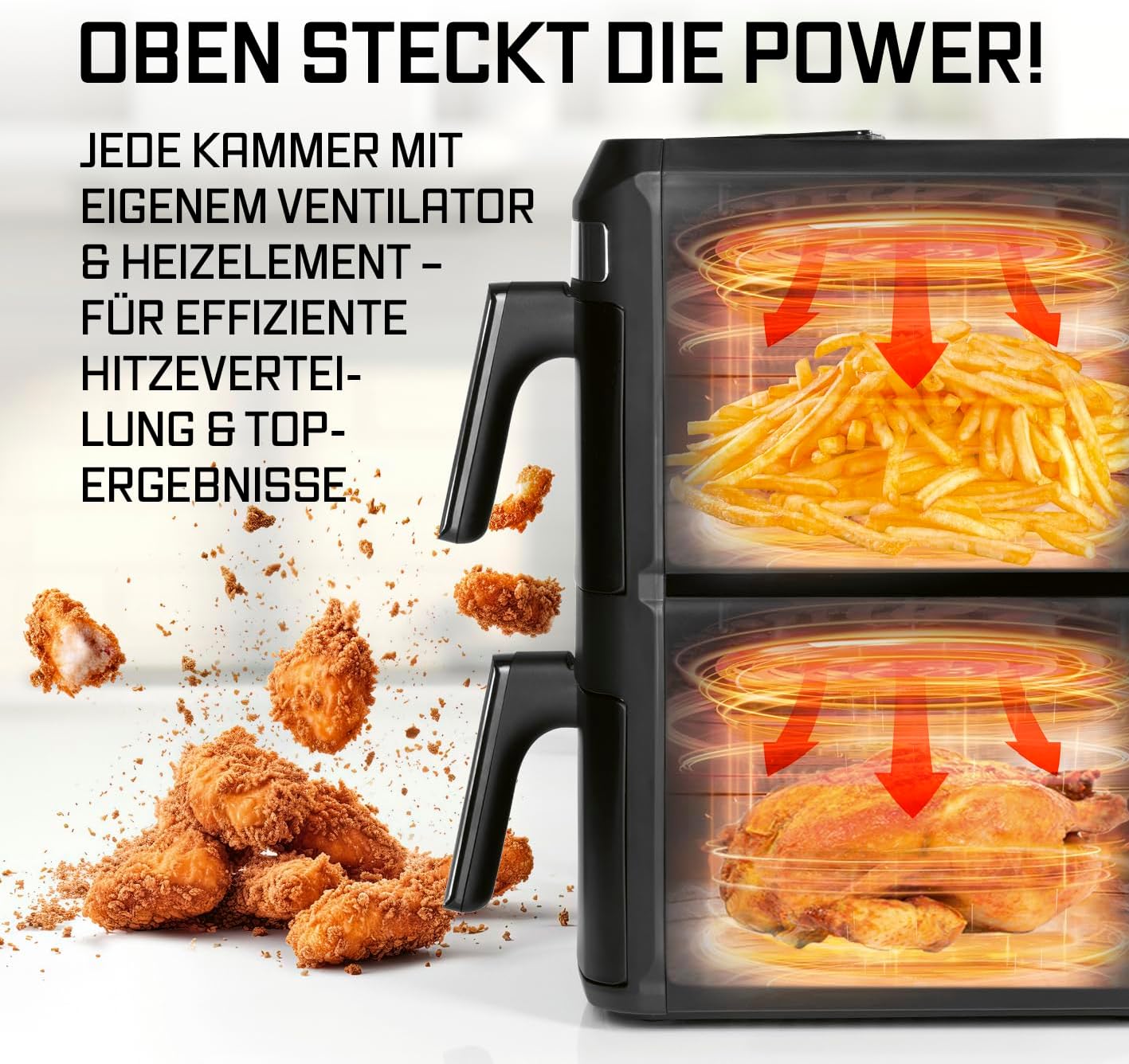 GOURMETmaxx FryUp XL vertikale Doppelkammer Heißluftfritteuse mit Sichtfenster - 12 L | Airfryer mit 9,6 Zoll Multi-Colour LED-Touchdisplay & 12 Programmen | Heißluftfritteuse 2 Kammern mit Oberhitze
