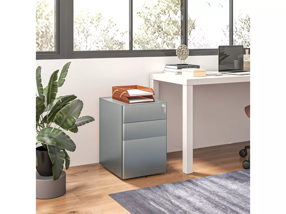 Caisson de bureau rangement bureau sur roulettes 3 tiroirs coulissants verrouillables trieur à dossiers dim. 39L x 48I x 59H cm acier gris