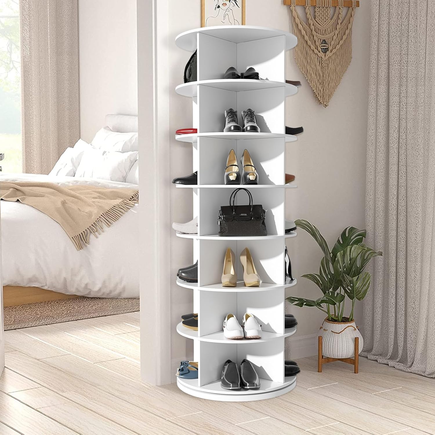 TWSOUL Drehbares Schuhregal mit 7 Ebenen, 360-Grad Drehbarer Schuhschrank Hoch Runder Schuhorganizer Schuhschrank-Organisation Weiß für Schuhe und Handtaschen