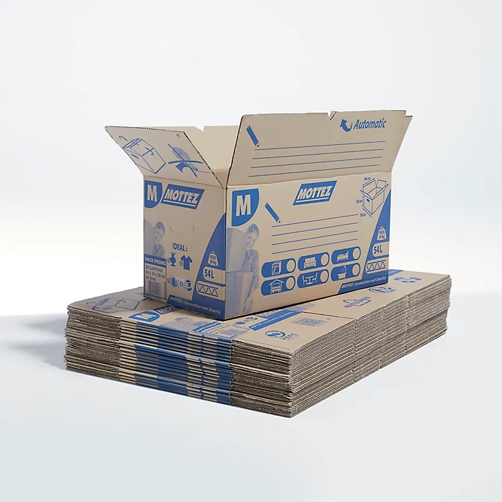 Lot de 20 cartons de déménagement avec poignées 20 kg Mottez H. 30 x L. 60 x l. 30 cm, capacité 54 L