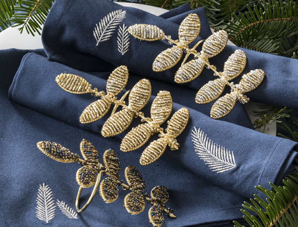 Lot de 3 ronds de serviette-Feuillage d'or