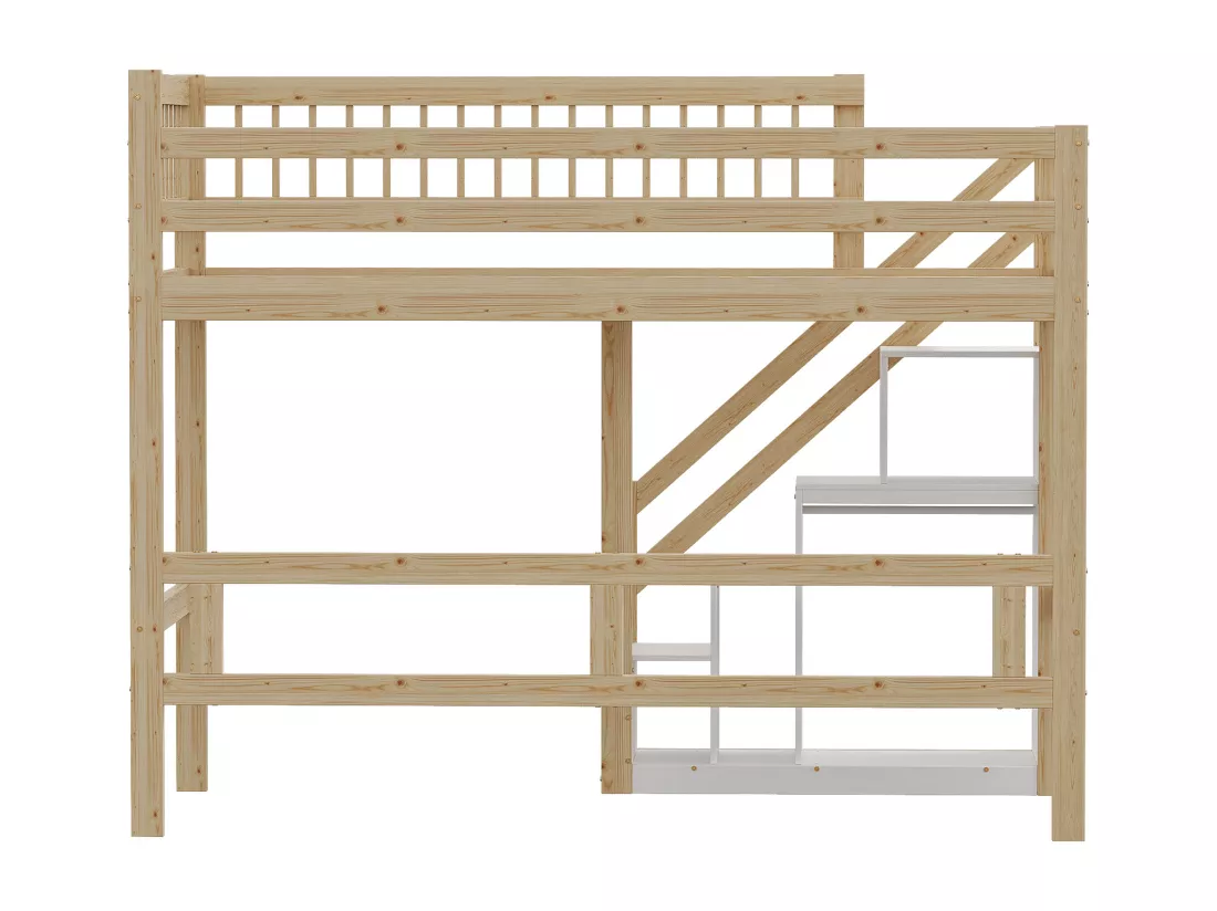 Lit mezzanine 90 x 200 cm avec placard de rangement - Bois massif + MDF - Naturel et blanc (sans matelas)