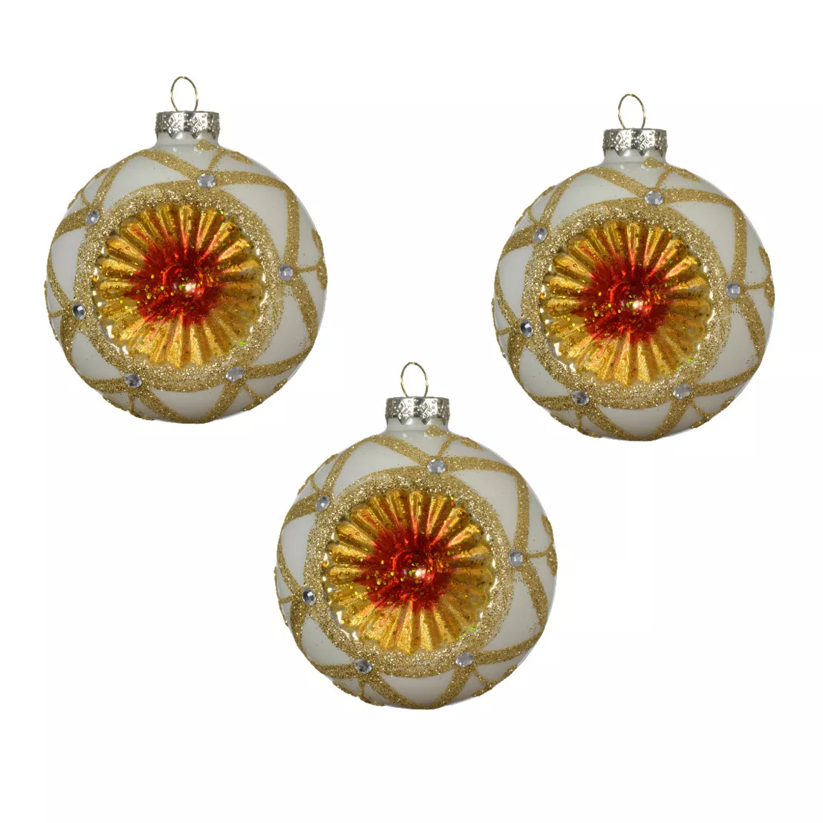 Lot de 3 boules de Noël en verre (D80 mm) Impérial Blanc laine et or