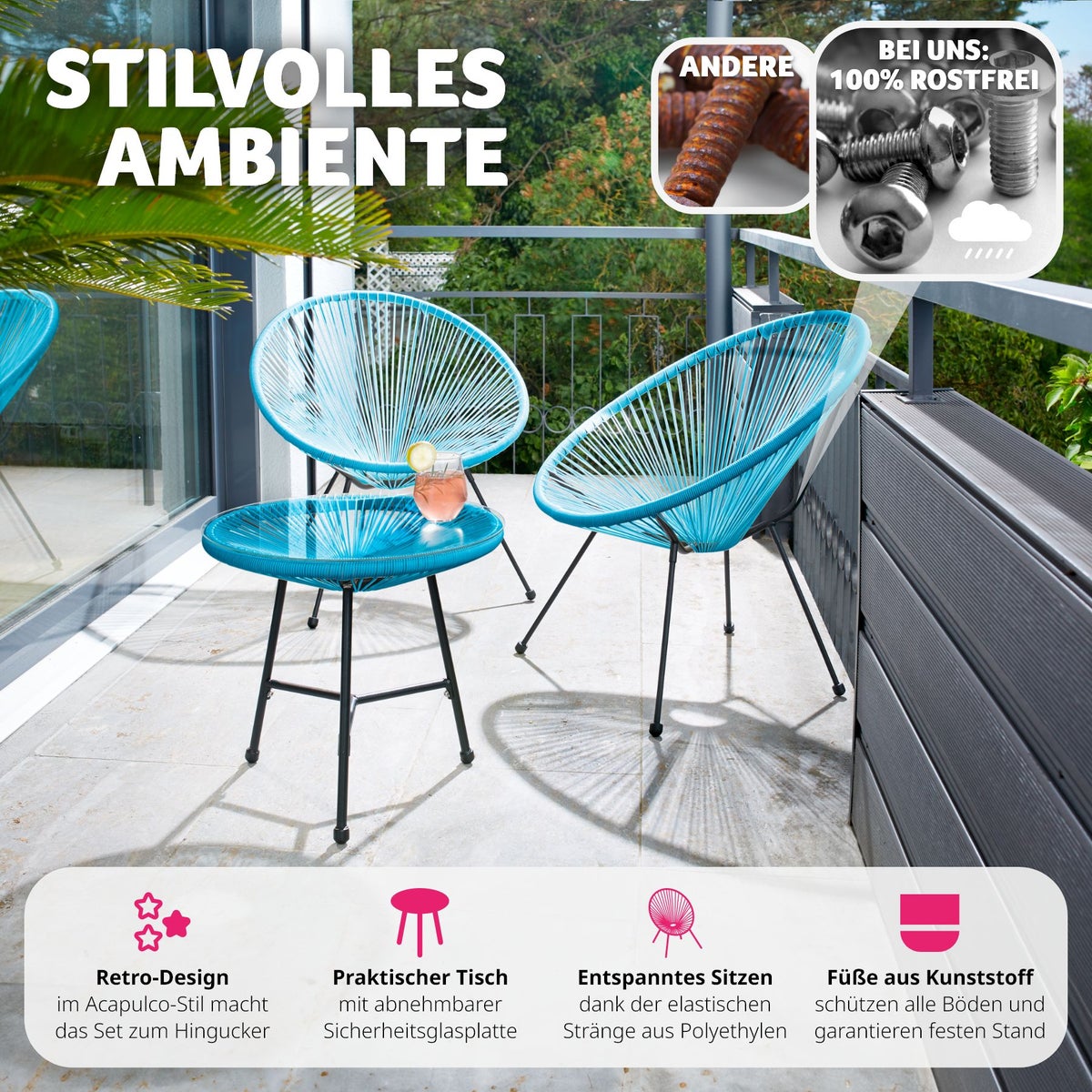 Santana tuinstoelen met tafel, tectake retrodesign in Acapulco-stijl, stoeldraagvermogen 120 kg