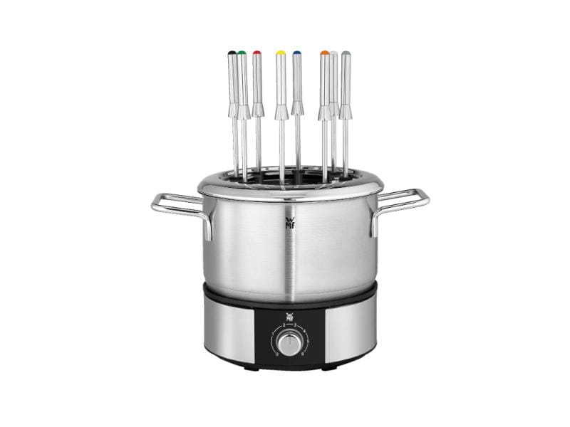 WMF Fleischfondue-Set LONO Fondue 10 Teile, Silber Edelstahl Fonduetopf mit 1400 W-Heizplatte und 8 Gabeln mit Farbmarkierung