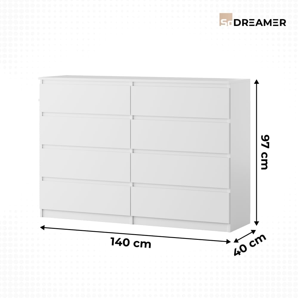 Kommode mit 8 Schubladen | Weiß 140 cm Ideal für Schlafzimmer, Wohnzimmer, Kinderzimmer und Büro | Große geräumige Kommode | 140x97x40 cm