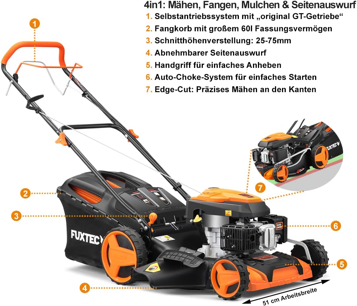FUXTEC 4in1 Benzin Rasenmäher FX-RM5196 mit Edge-Cut, Gartenmäher inkl. Seitenauswurf-Funktion, 51 cm Schnittbreite, 4-Takt mit Hinterradantrieb, kugelgelagerte Big Wheel Räder, 60L Grasfangkorb