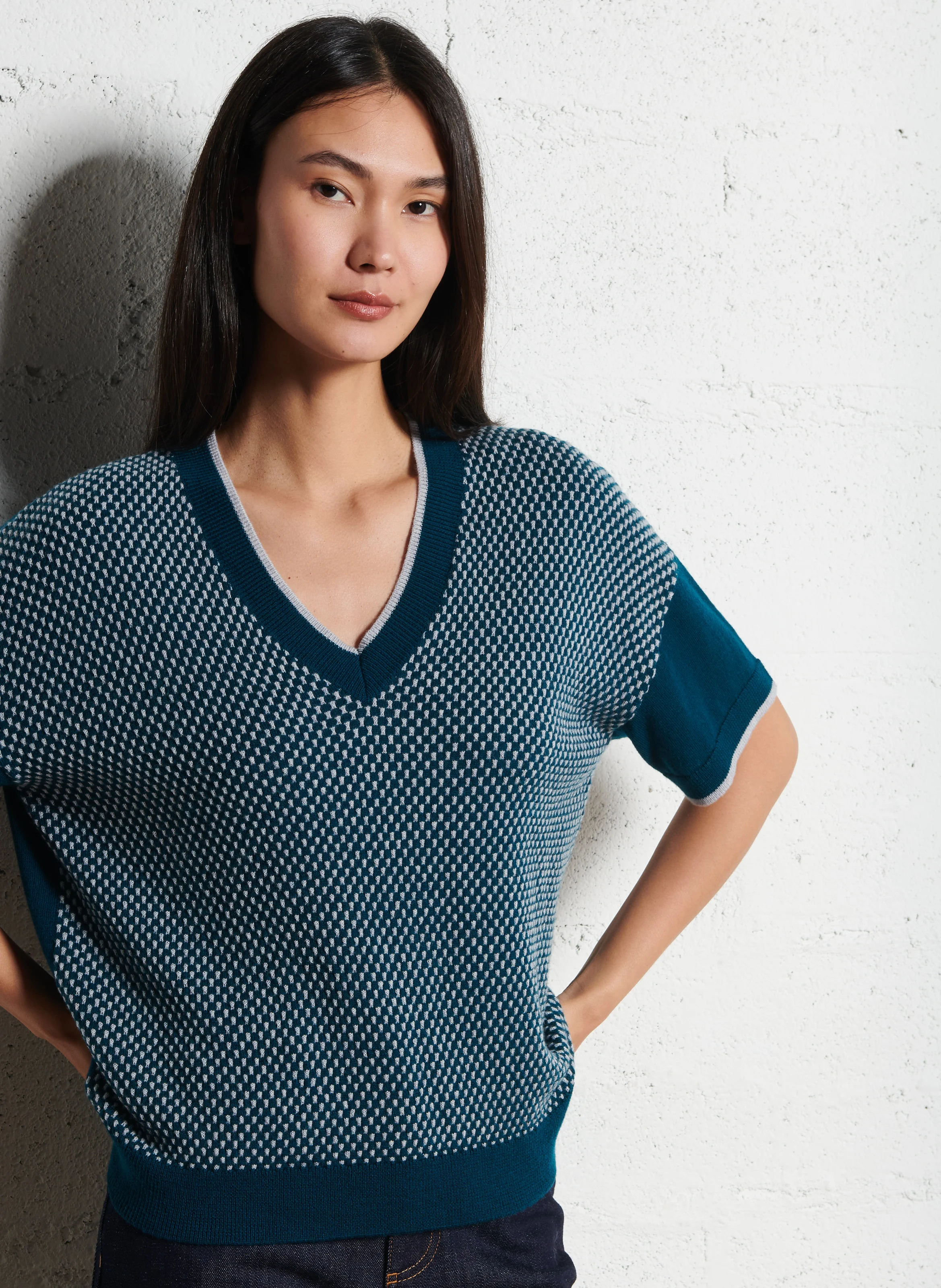 LOLITA - Pull manches courtes brodé en laine mérinos | Vert