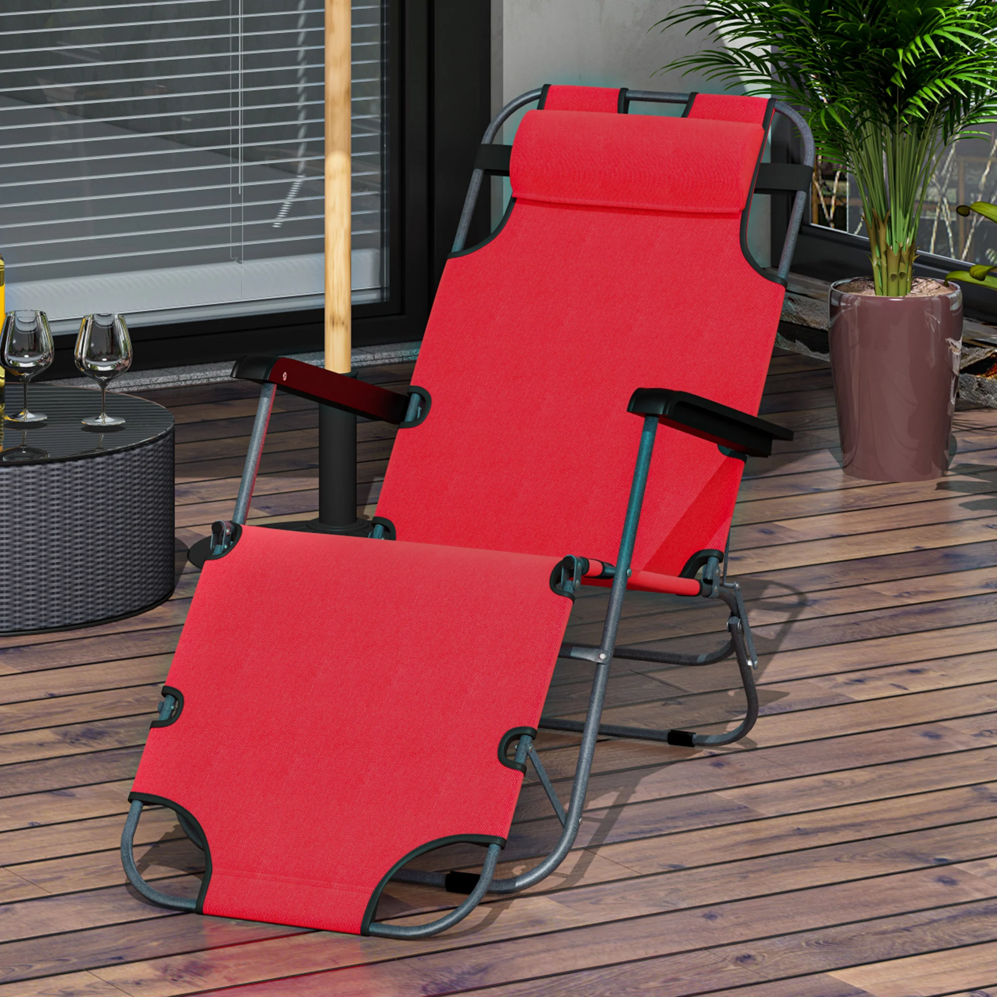 Cadeira de praia reclinável e dobrável Outsunny, espreguiçadeira relaxante com encosto ajustável, apoios de braço, almofada e apoio para os pés para jardim e varanda, capacidade de carga de 136 kg, 135 x 60 x 89 cm, vermelha