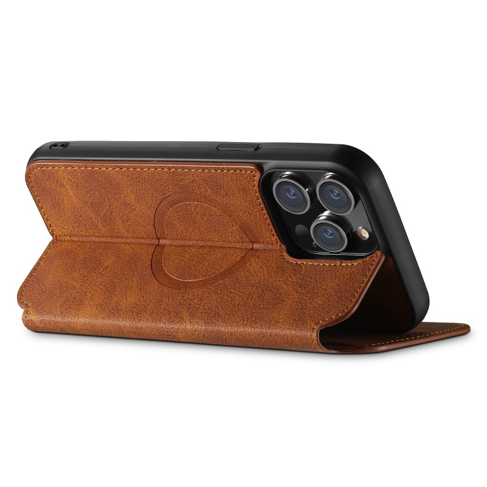 iPhone 14 Pro MagSafe Vintage Leder Tasche Flip Cover mit Kartenfächer - Hellbraun