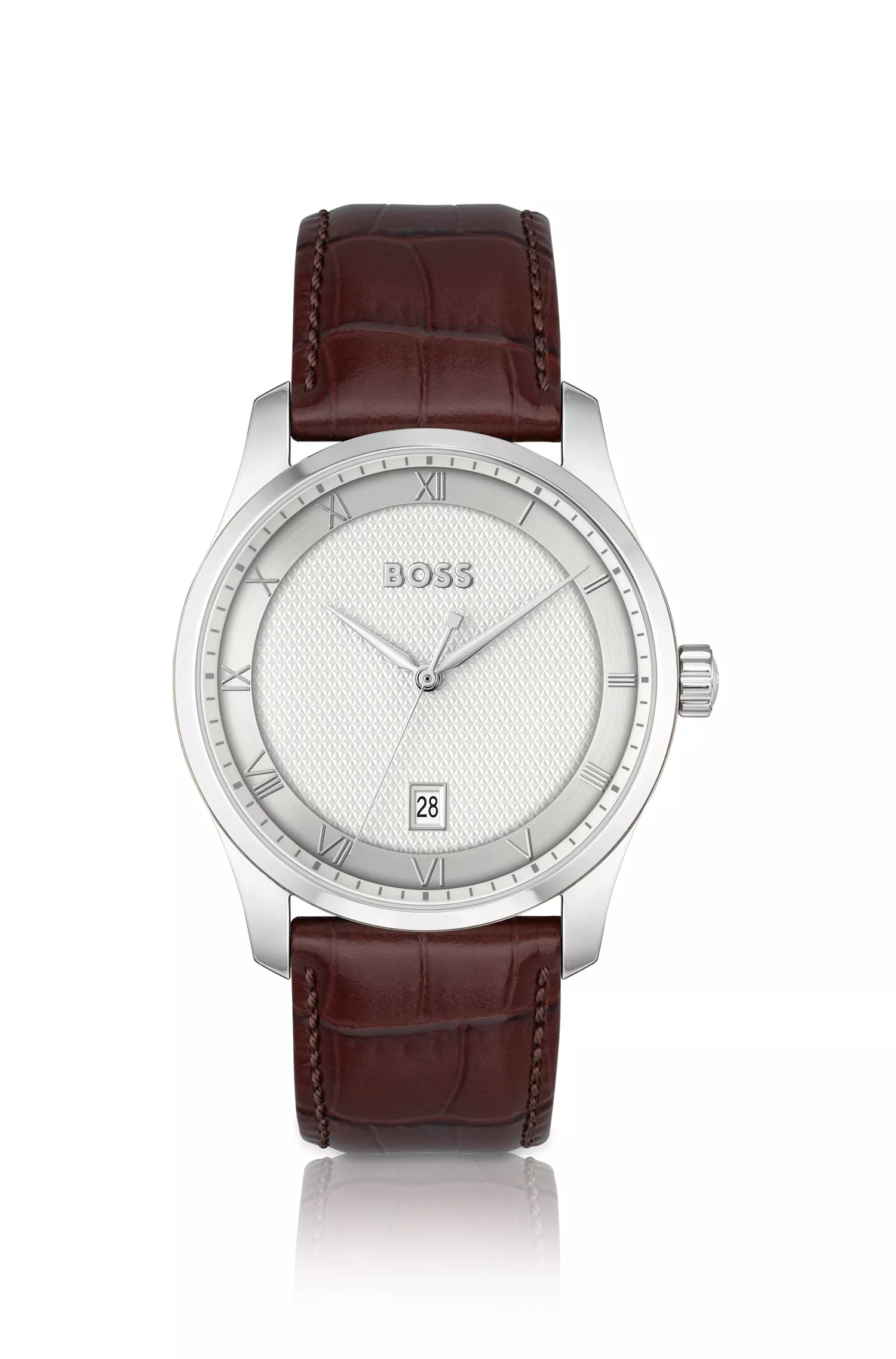 Relógio BOSS com pulseira de couro preta e mostrador com padrão branco-prateado.