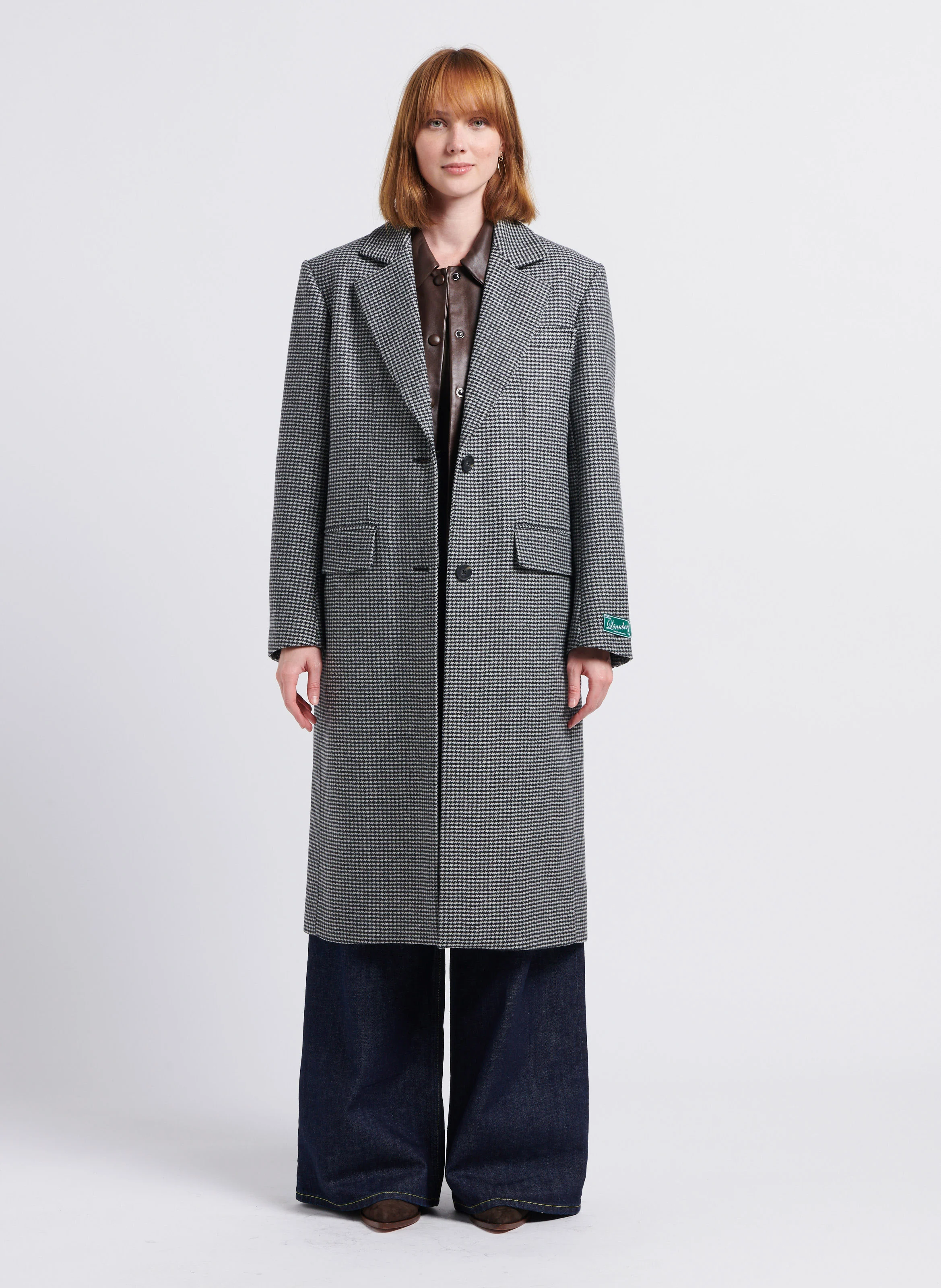 SHARIE - Manteau long col tailleur motif pied-de-poule en laine vierge mélangée| Gris