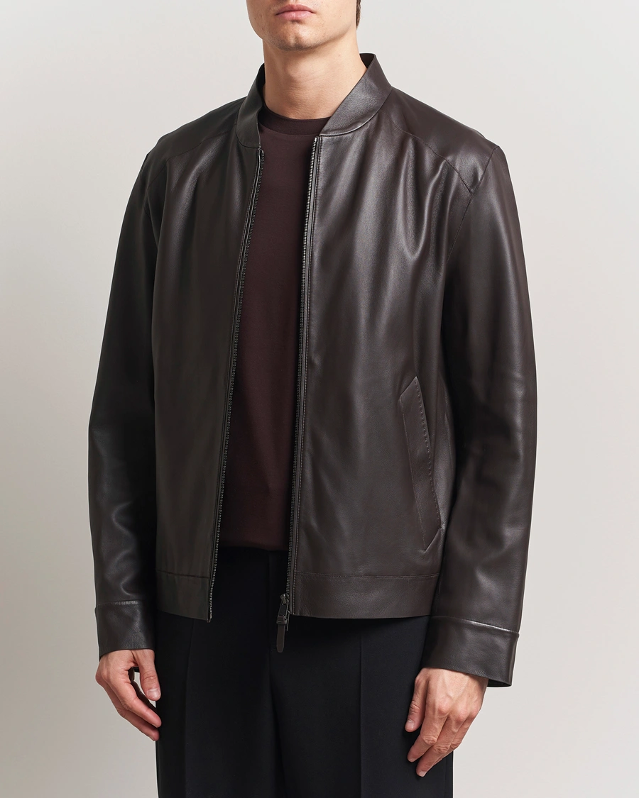 BOSS CAMEL Maiverse Leather Jacket Dark Brown