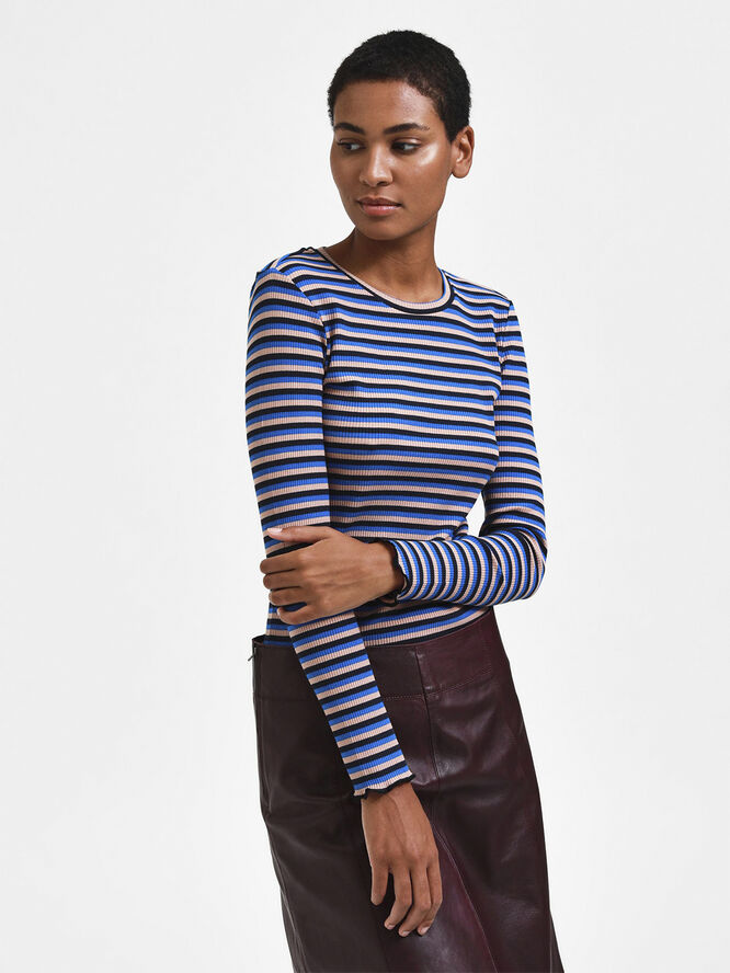 Selected Femme SLFANNA LS CREW NECK TEE STR NOOS Dark sapphire/multi