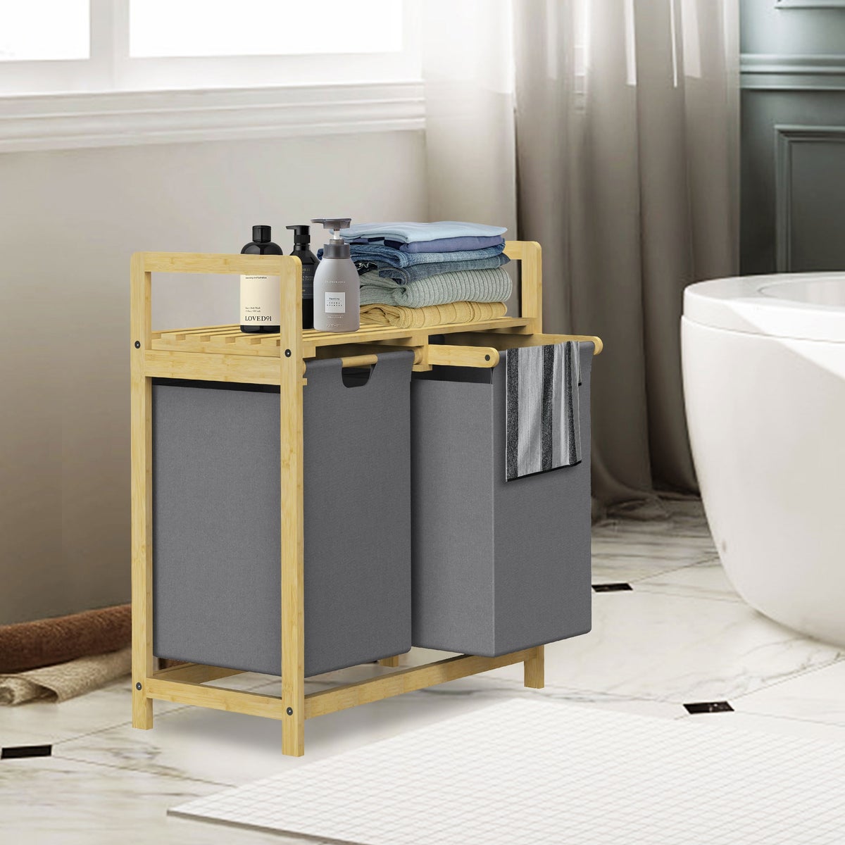 ML-Design Bamboe Wasmand, Grijs, Wasbox met 2 Compartimenten, Wasmand met 2 Uittrekbare Waszakken 60 L, Waskist met Plank, Wassorteerder voor Badkamer, Wasmand met Plank