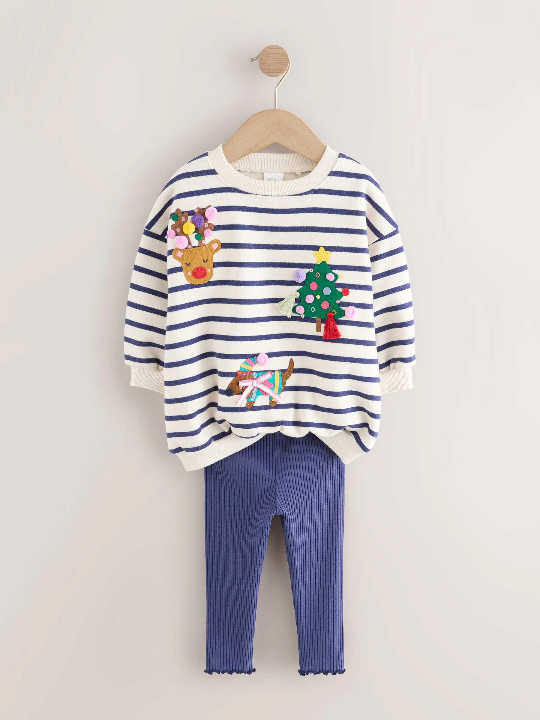 Crème/marineblauwe strepen Kerstmis - Set met sweatshirt en legging (3 mnd-7 jr)