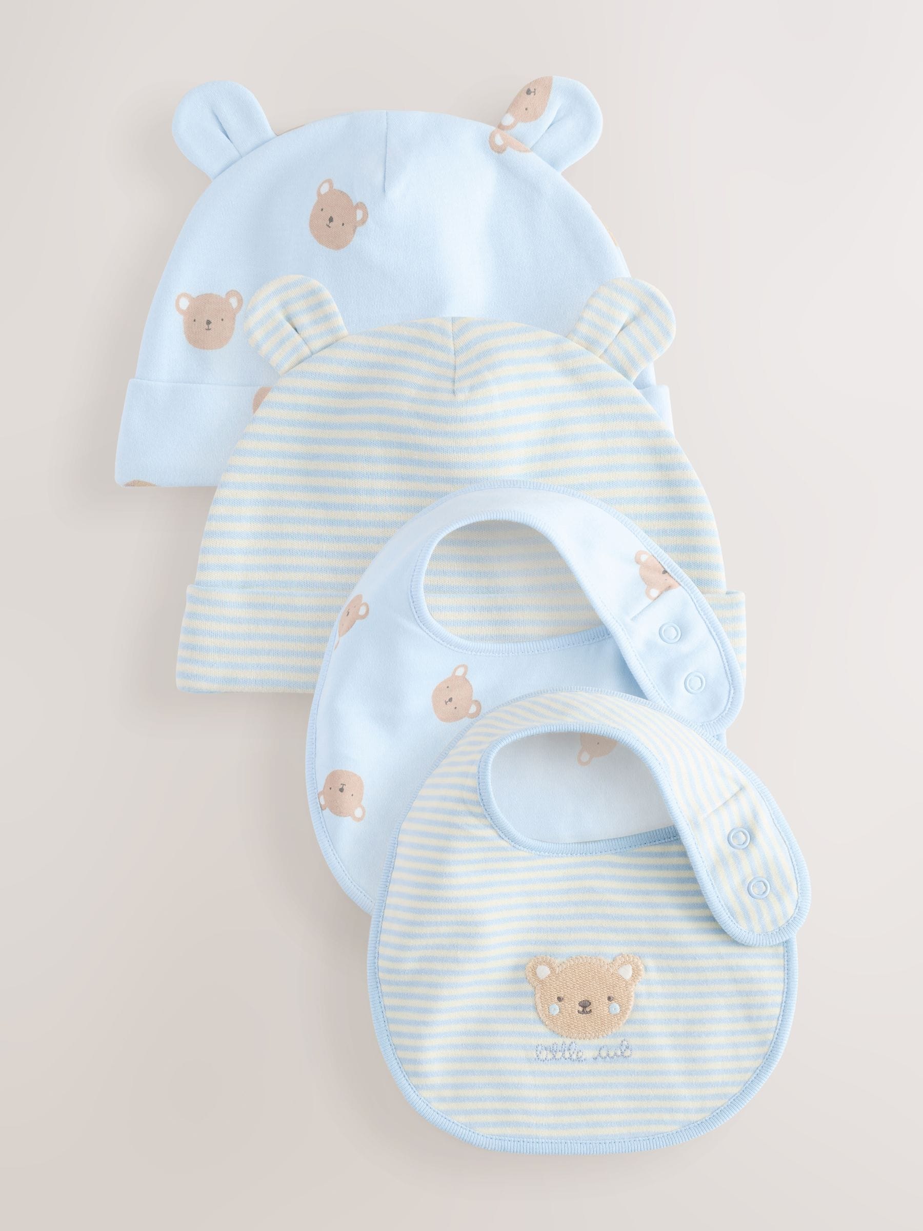 Blauw met beren - 4 -delige babyset van muts en slabbetjes (0-18mnd)